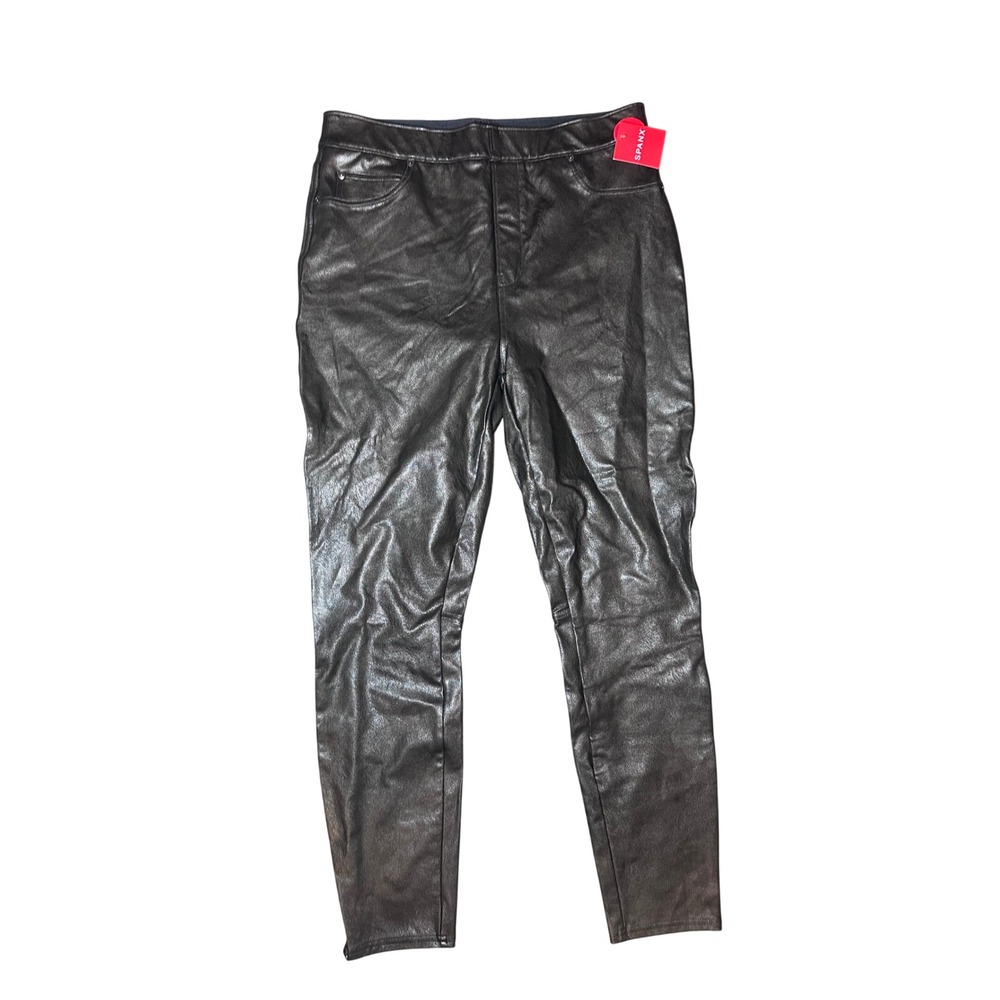 Spanx Leather-Like Skinny Leggings Noir Black High Rise Pull On Pants 20282R L/G